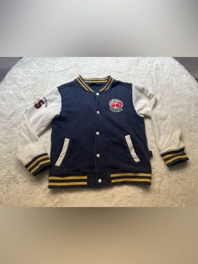 Navy & White Varsity Jacket with Yellow Stripes